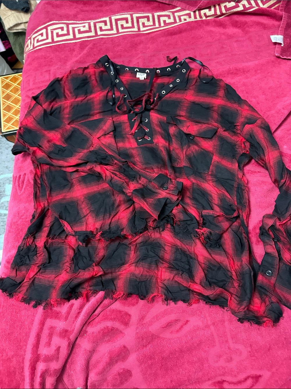 Lace-Up Plaid Long-Sleeve Top in Red and Black